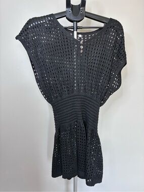 Black Crochet Knit Swim Cover Up Tunic Large